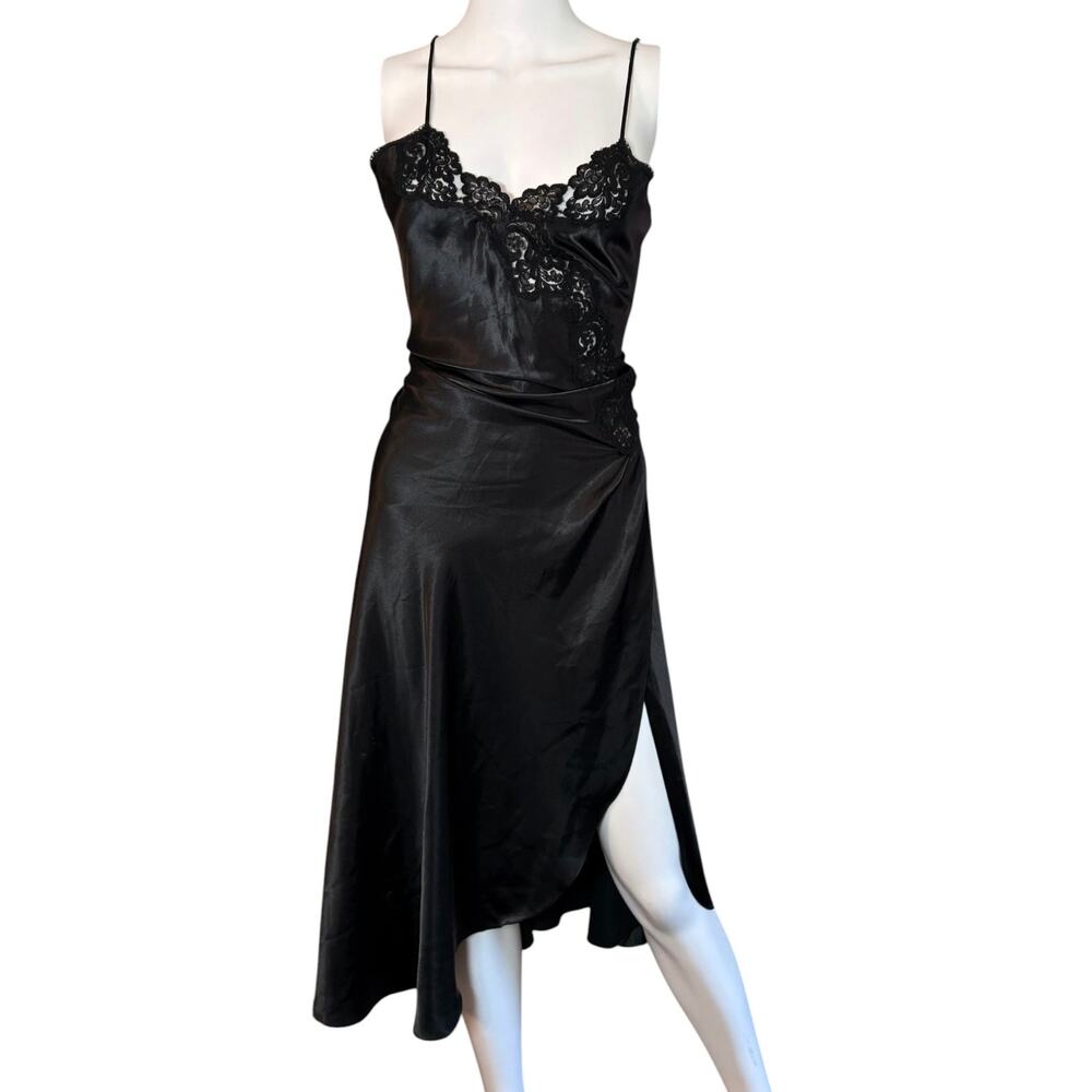 VS Y2K Sleepwear Black Satin Lace Midi Slip Dress Bias Cut thigh high Slit XS - Picture 3 of 12